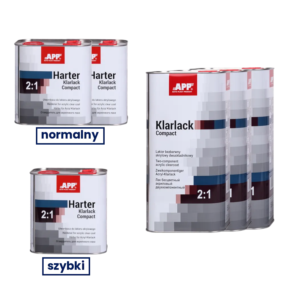 APP Klarlack Compact 2:1 + Hartner - Zestaw?promocyjny?-?Lakier?bezbarwny?akrylowy?dwuskładnikowy?+?utwardzacz|3x5L lak+2x 2,5L utw.nor+1x2,5L utw.szyb | 22,5L