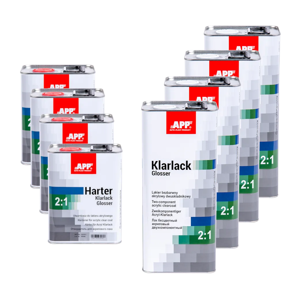 Zestaw lakier bezbarwny z utwardzaczem APP Klarlack Glosser 2:1 | lakier (4 x 5 L) + utwardzacz wolny (4 x 2,5 L)