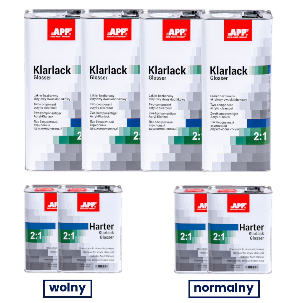 Zestaw lakier bezbarwny z utwardzaczem APP Klarlack Glosser 2:1 | lakier (4 x 5 L) + utwardzacz wolny (2 x 2,5 L) + utwardzacz normalny (2 x 2,5 L)